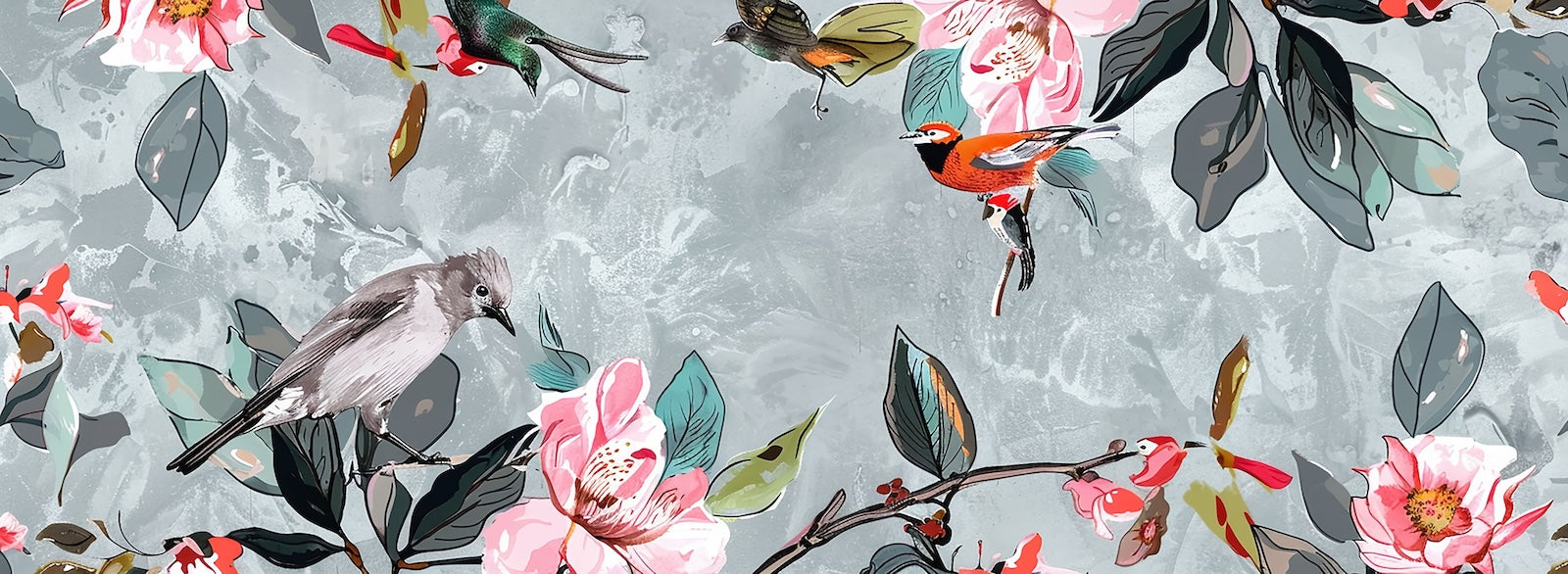 Papier Peint Oiseaux & Rapaces - Ballet Coloré sur Gris