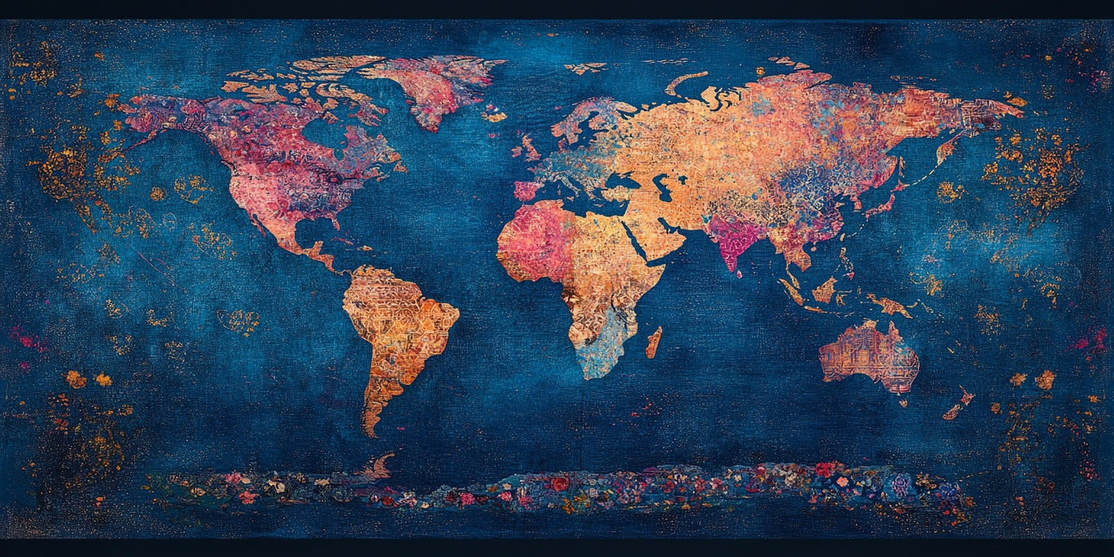 Papier Peint Carte du Monde - Mosaïque Corail sur Bleu Nuit