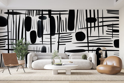 Papier Peint Noir et Blanc - Traits Abstraits Graphiques