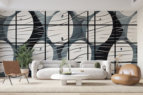 Papier Peint Abstrait - Cercles Sculpturaux Grille Noire