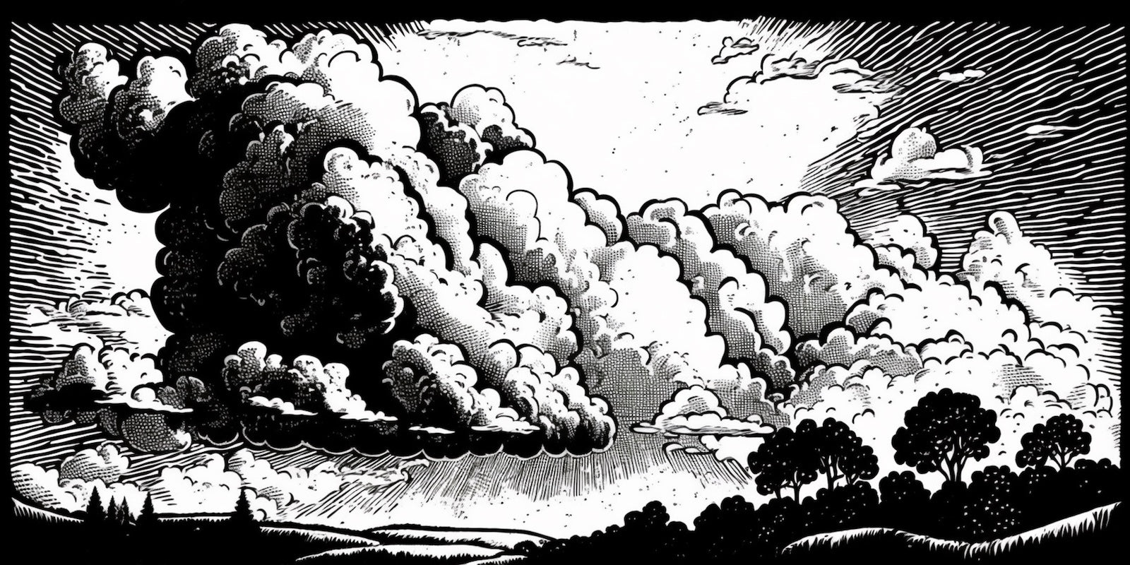 Papier Peint Noir et Blanc - Nuages en Gravure Manga
