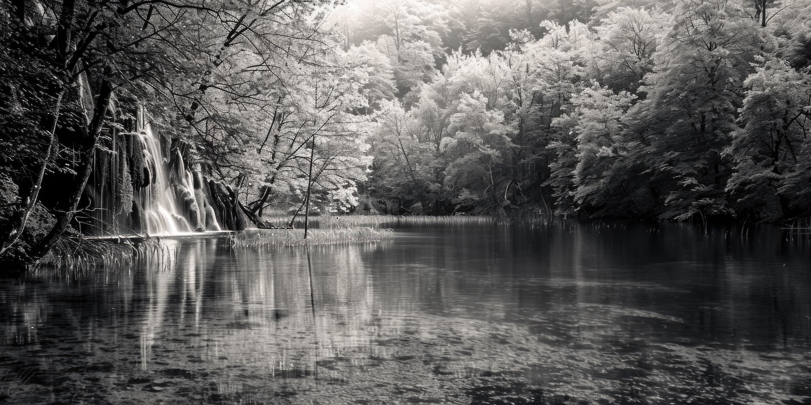 Papier Peint Noir et Blanc - Lac Forestier et Cascade
