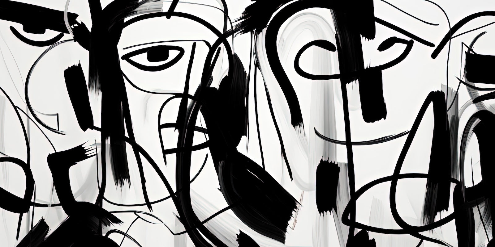 Papier Peint Line Art - Visage Abstrait Pinceau Noir
