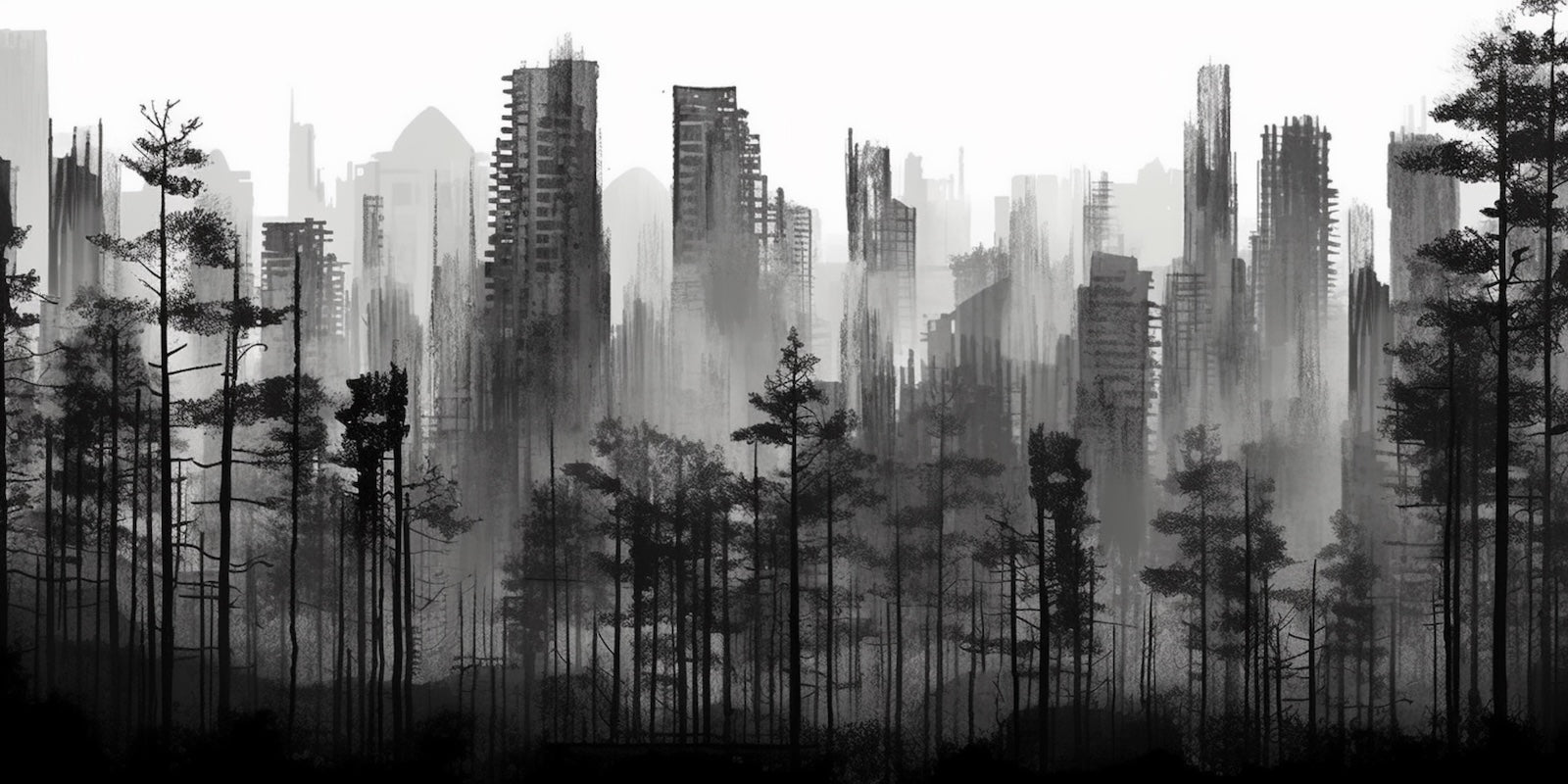 Papier Peint Noir et Blanc - Skyline Estompée et Forêt