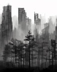 Papier Peint Noir et Blanc - Skyline Estompée et Forêt
