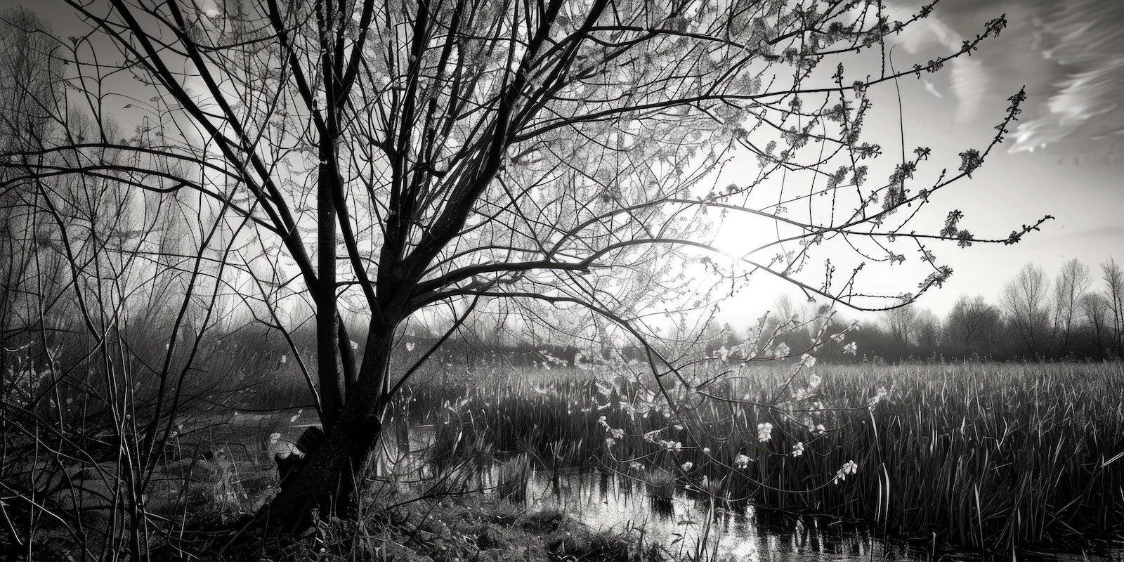 Papier Peint Noir et Blanc - Branches Fleuries en Contrejour