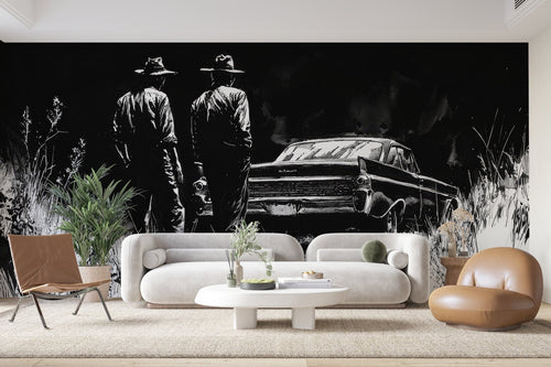Papier Peint Voitures Américaines - Scène Western Noir et Blanc