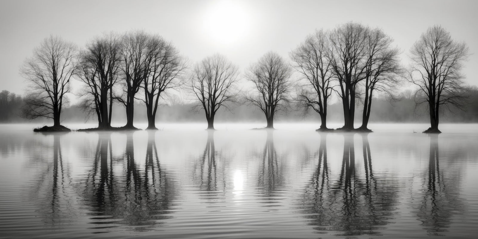 Papier Peint Noir et Blanc - Arbres Reflets sur Lac Brumeux