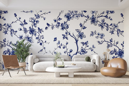Papier Peint Floral - Branches Fleuries Bleu Porcelaine