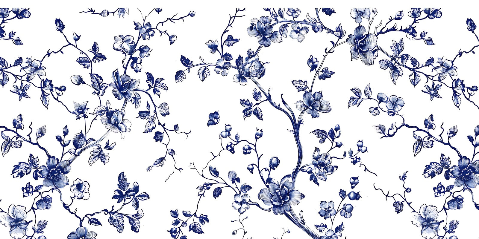 Papier Peint Floral - Branches Fleuries Bleu Porcelaine