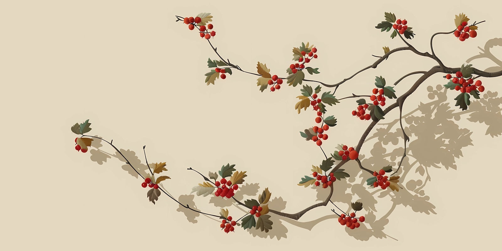 Papier Peint Floral - Baies Rouges Style Japonais