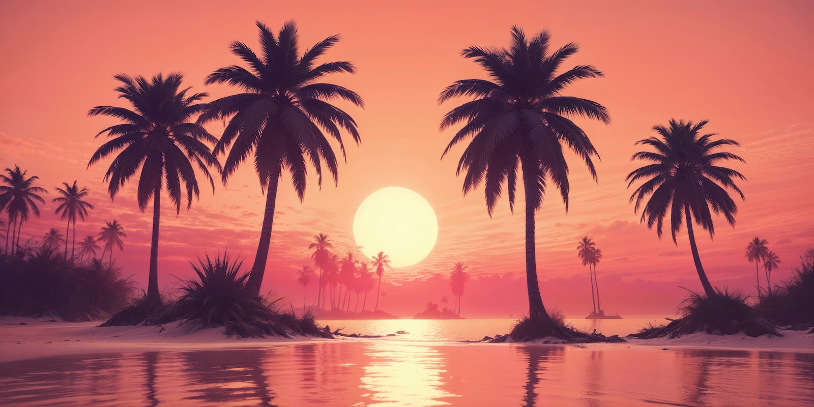 Papier Peint Tropical - Palmiers en Silhouette Coucher de Soleil