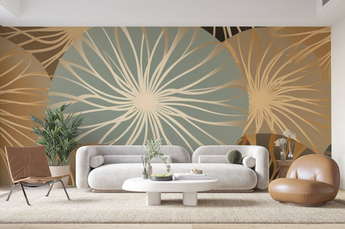 Papier Peint Art Déco - Fleurs Filaires Dorées et Sauge