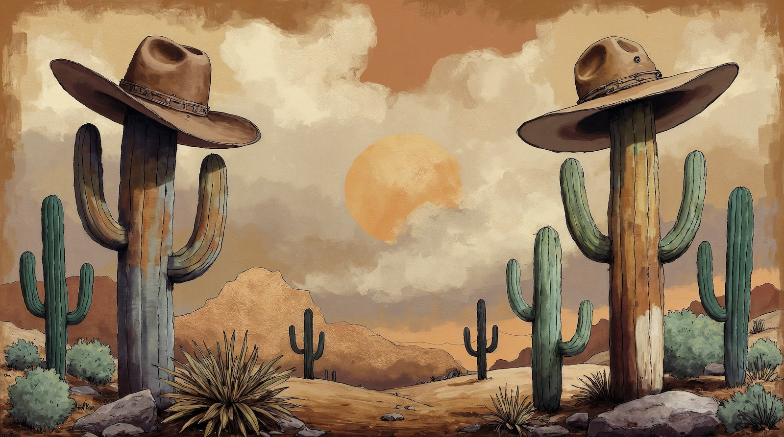 Papier Peint Désert - Cactus Chapeaux Western