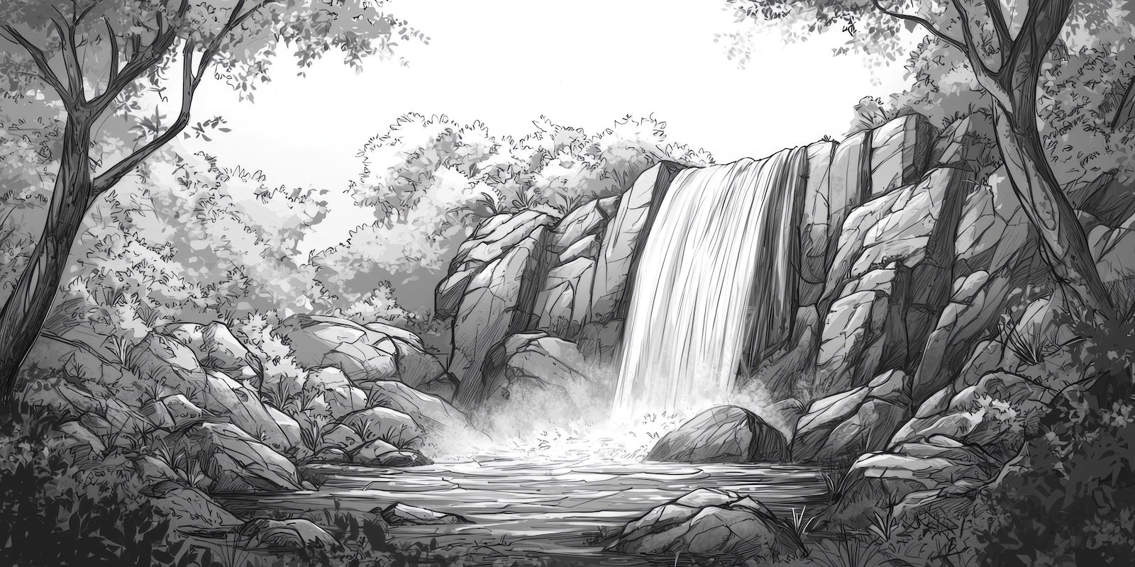 Papier Peint Noir et Blanc - Cascade Rocheuse Esquissée