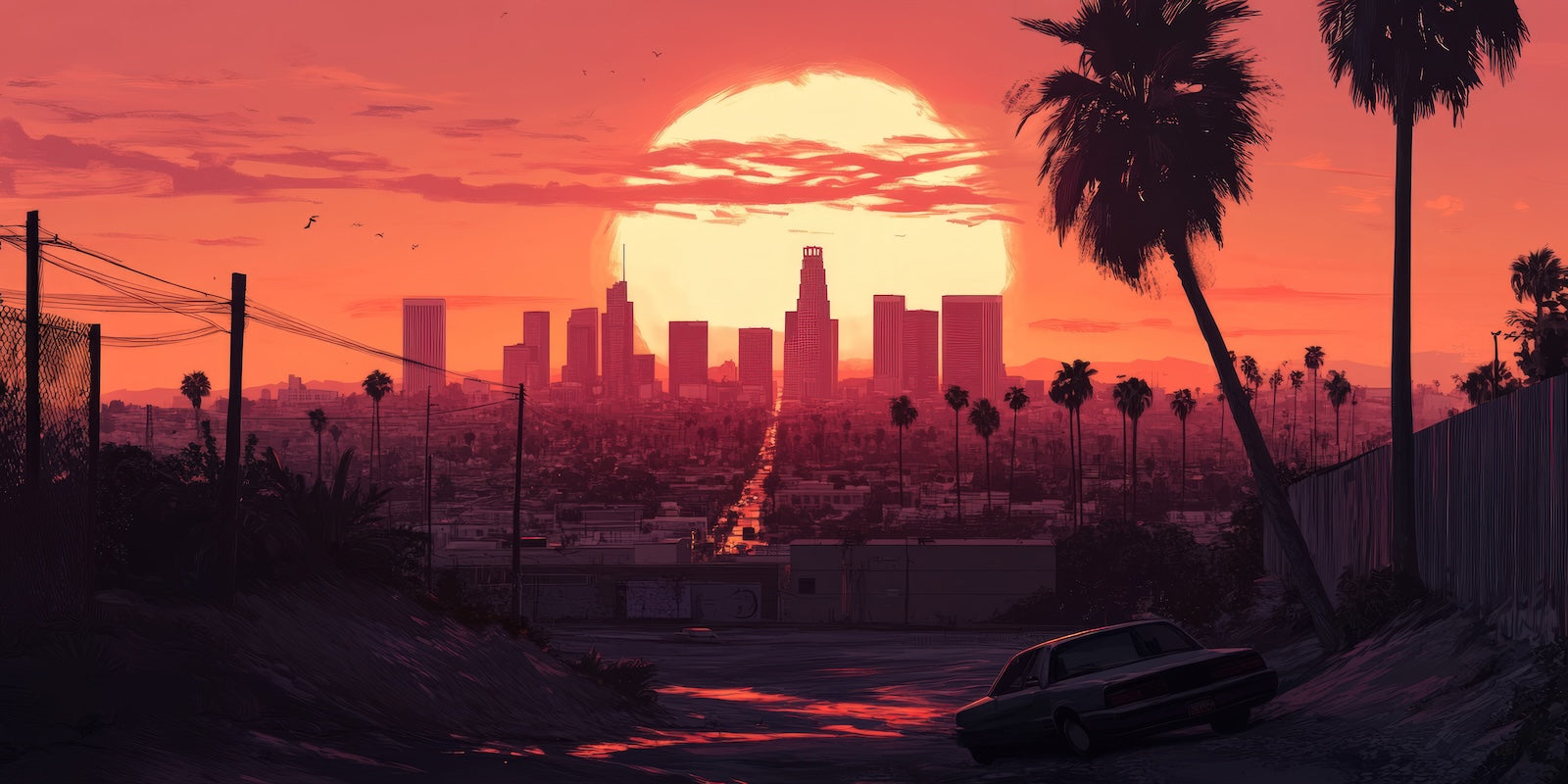 Papier Peint Miami - Skyline Los Angeles Coucher de Soleil
