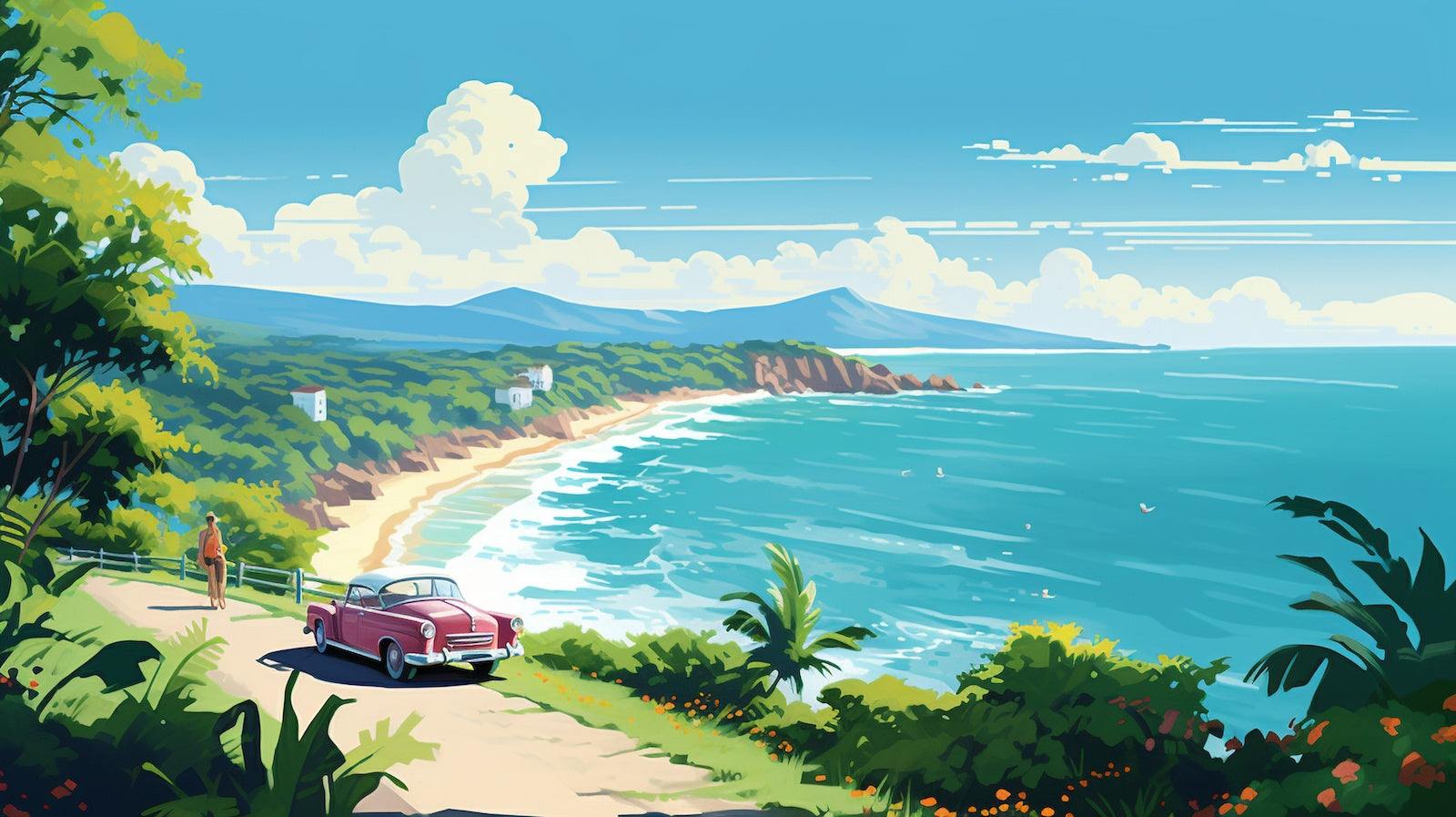 Papier Peint Plages - Baie Turquoise et Collines Verdoyantes