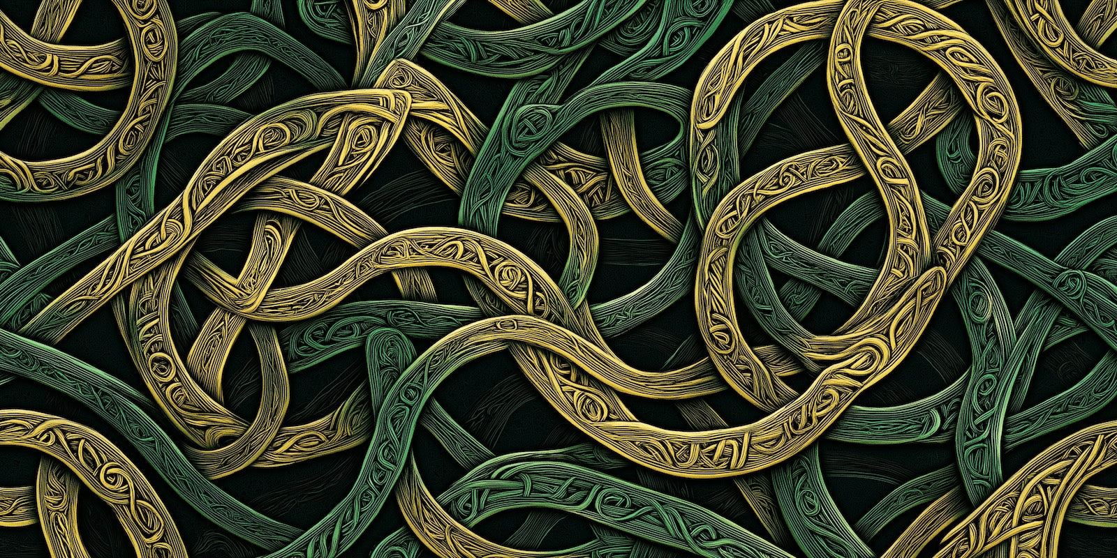 Papier Peint Abstrait - Entrelacs Celtiques Or et Vert