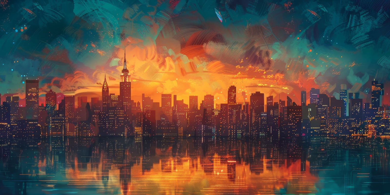 Papier Peint Illustration - New York Turquoise et Feu