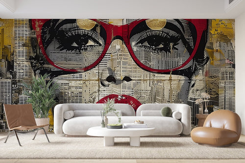 Papier Peint Art Urbain - Portrait Lunettes Rouges et Skyline
