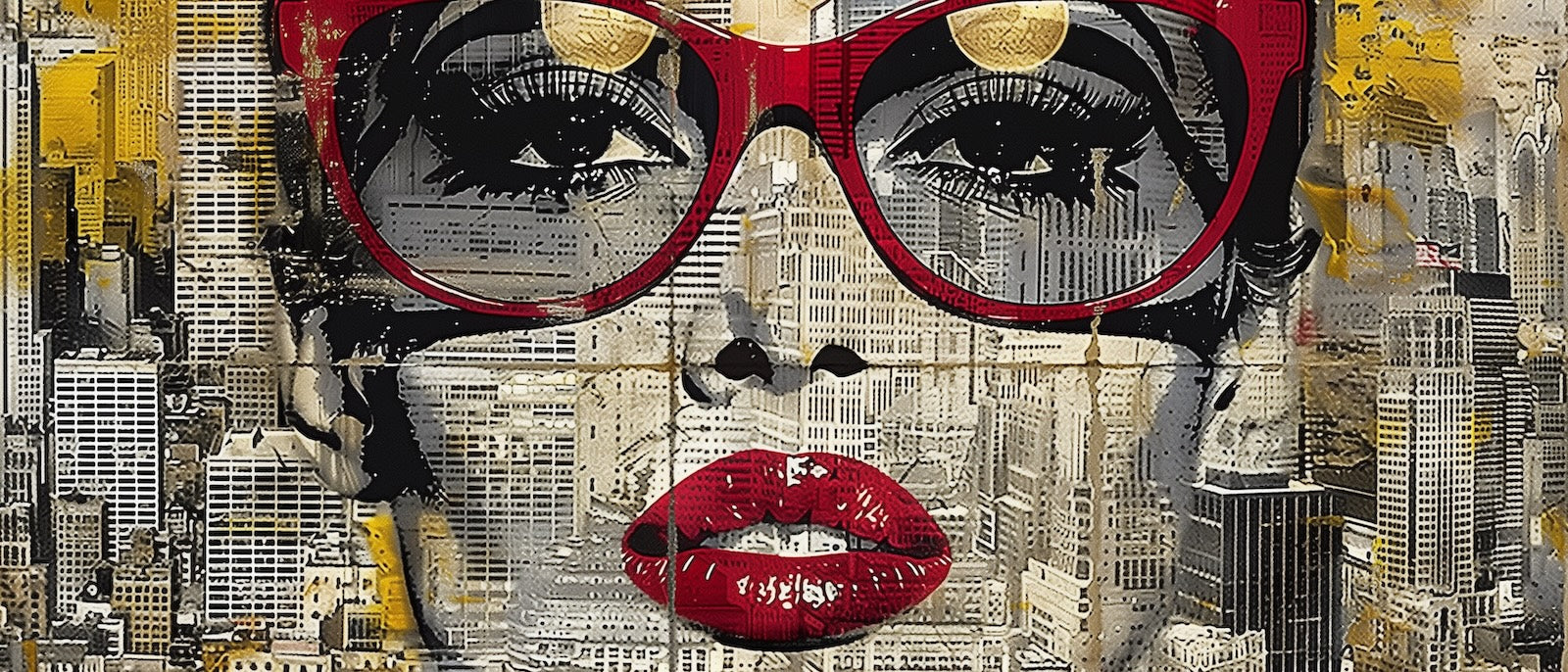 Papier Peint Art Urbain - Portrait Lunettes Rouges et Skyline