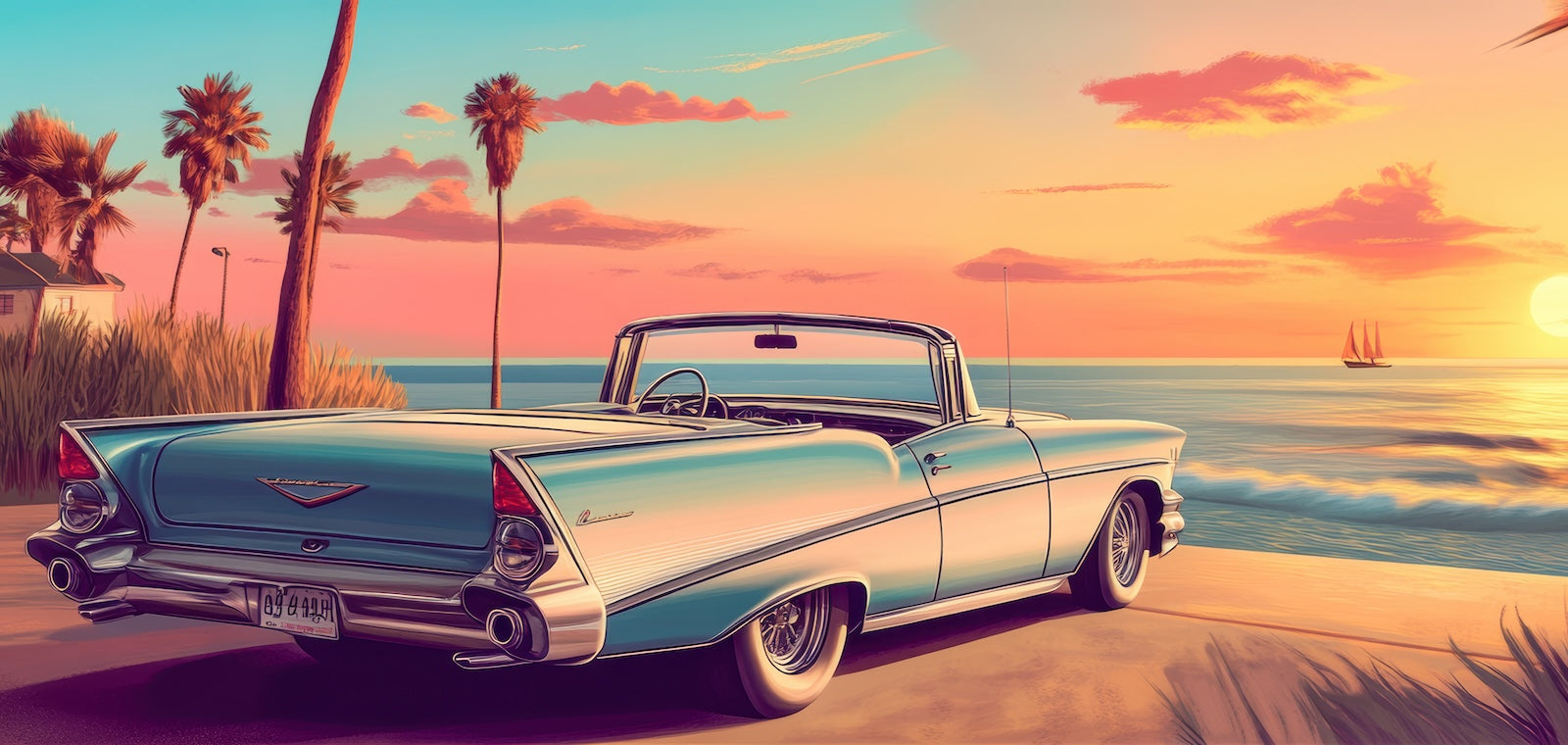Papier Peint Voitures Américaines - Cabriolet Vintage Plage