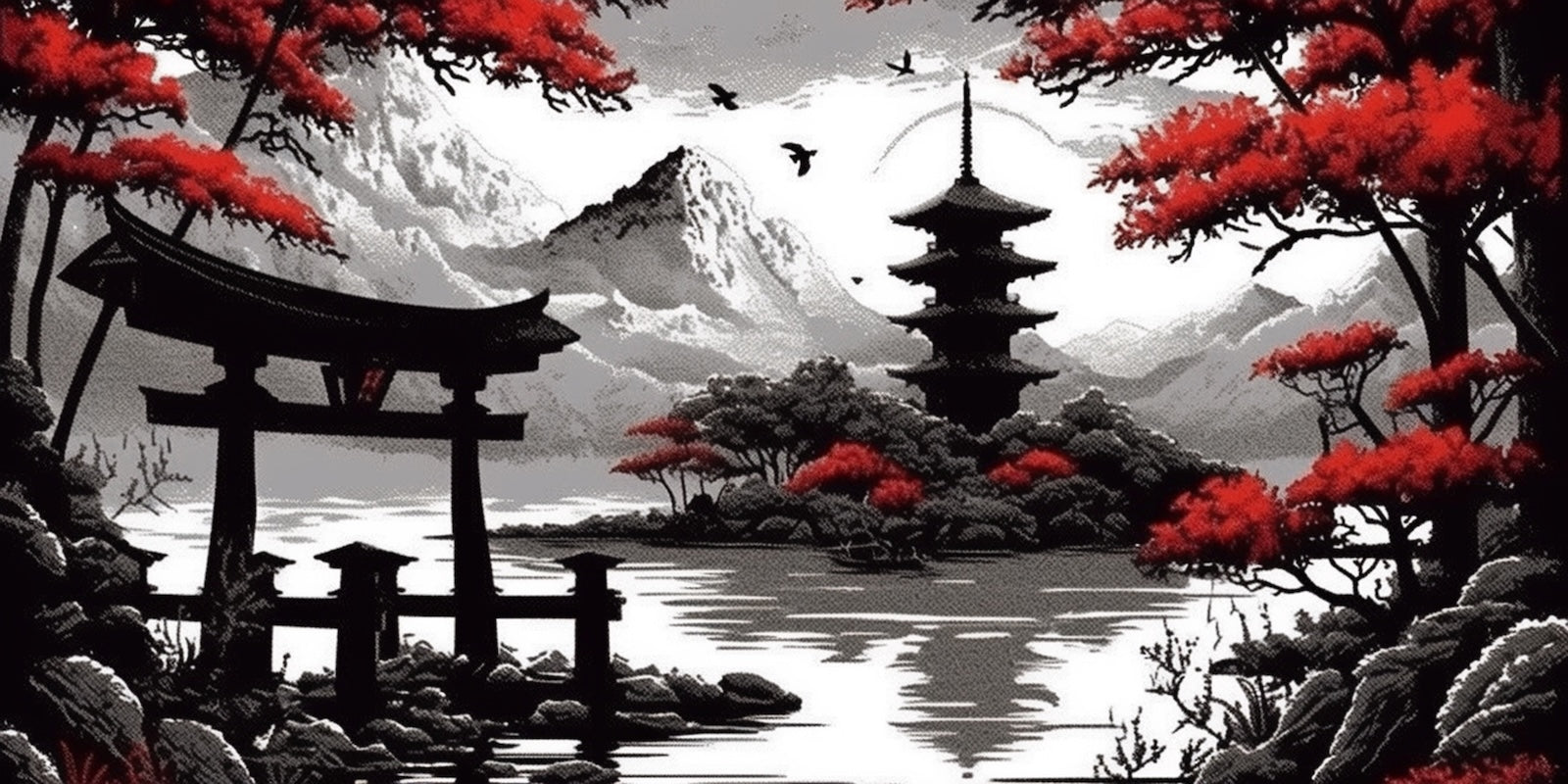 Papier Peint Japonais - Pagode et Torii au Mont Fuji