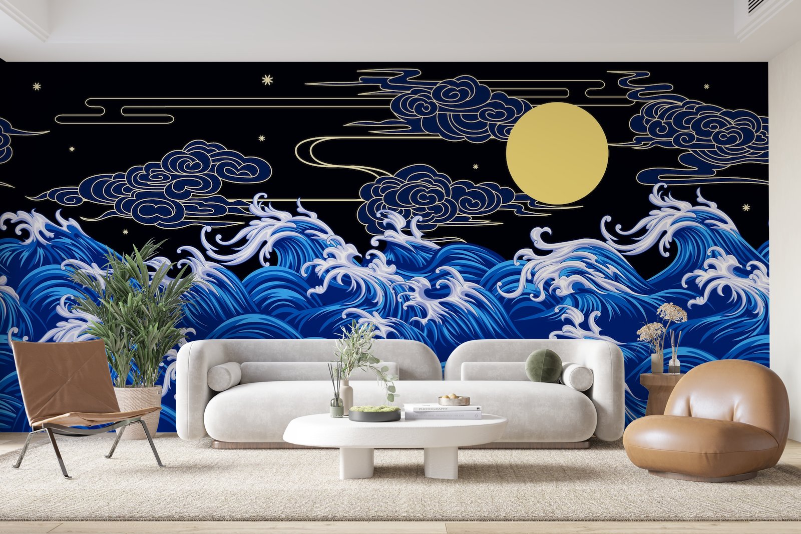 Papier Peint Japonais - Vagues et Lune Dorée