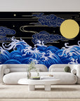 Papier Peint Japonais - Vagues et Lune Dorée