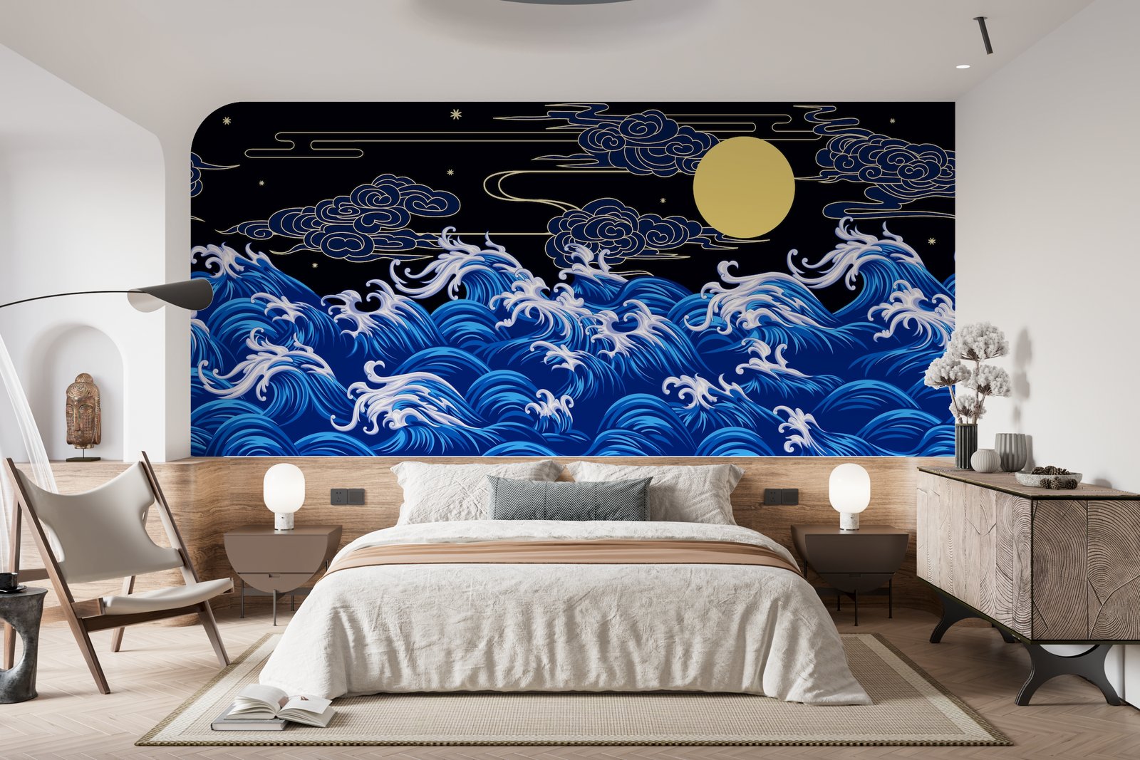 Papier Peint Japonais - Vagues et Lune Dorée