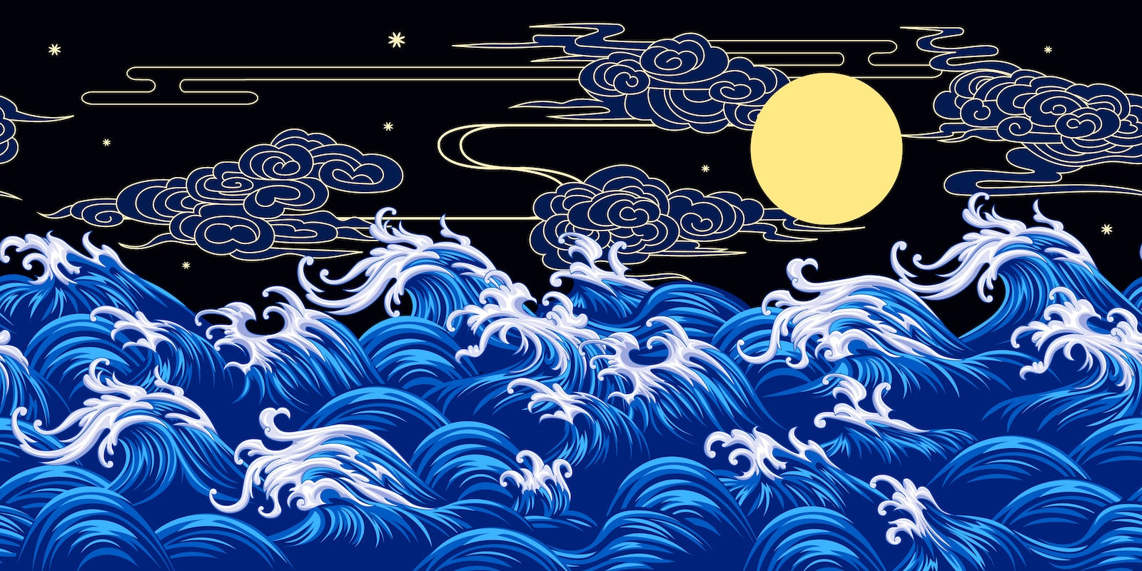 Papier Peint Japonais - Vagues et Lune Dorée