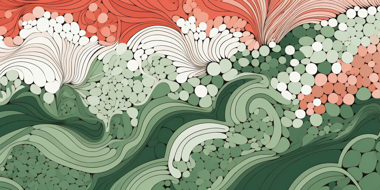 Papier Peint Japonais - Vagues Fleuries Vertes et Roses