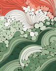 Papier Peint Japonais - Vagues Fleuries Vertes et Roses