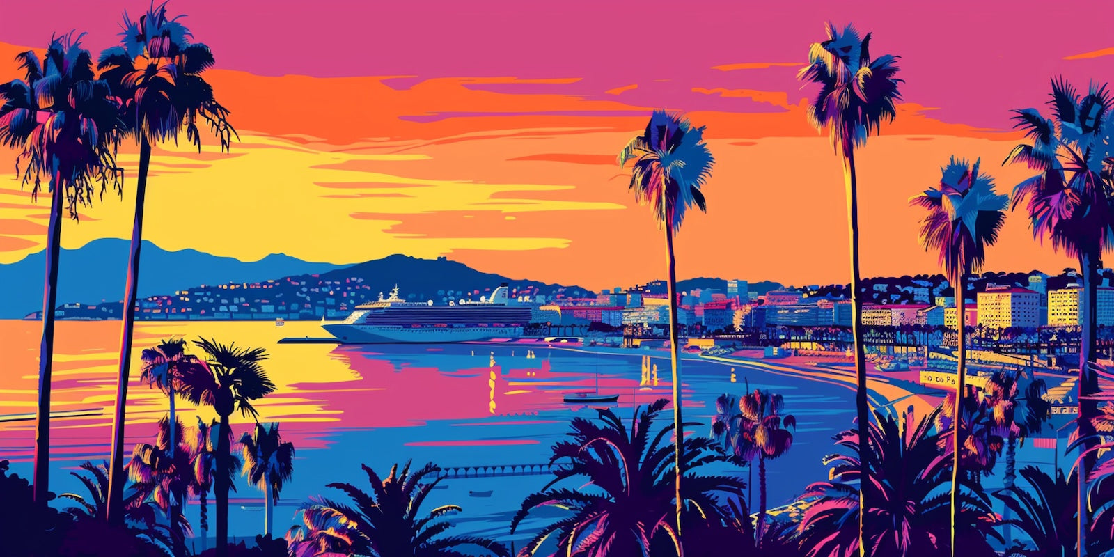 Papier Peint Plages - Palmiers au Coucher de Soleil Coloré