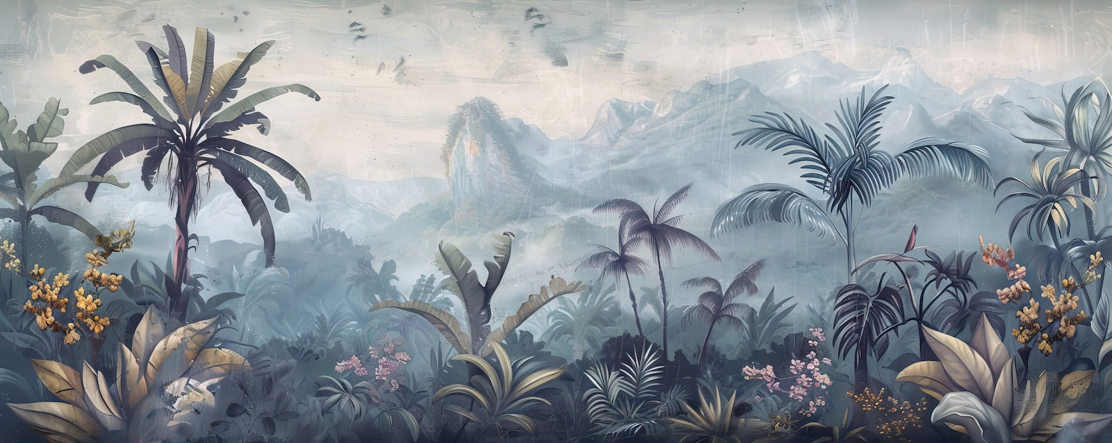 Papier Peint Tropical - Palmiers Aquarelle Gris et Bleu