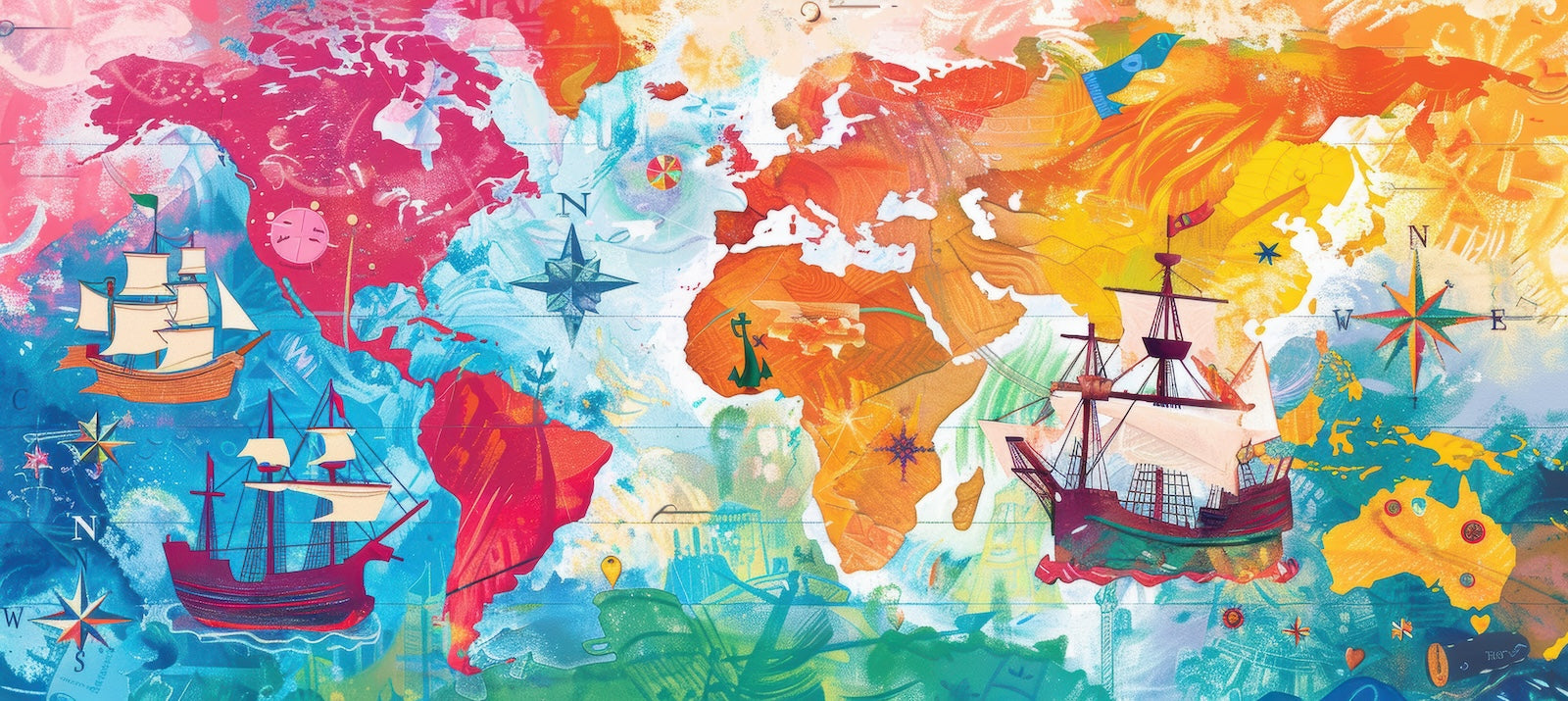 Papier Peint Carte du Monde - Illustration Colorée et Voilier