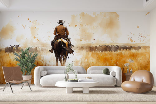 Papier Peint Paysage - Cowboy Coucher de Soleil