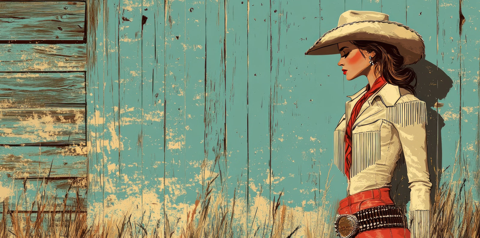 Papier Peint Far West - Cow-girl sur Fond Teal Vintage
