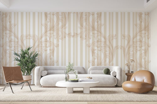 Papier Peint Baroque - Rayures Beige et Ornements