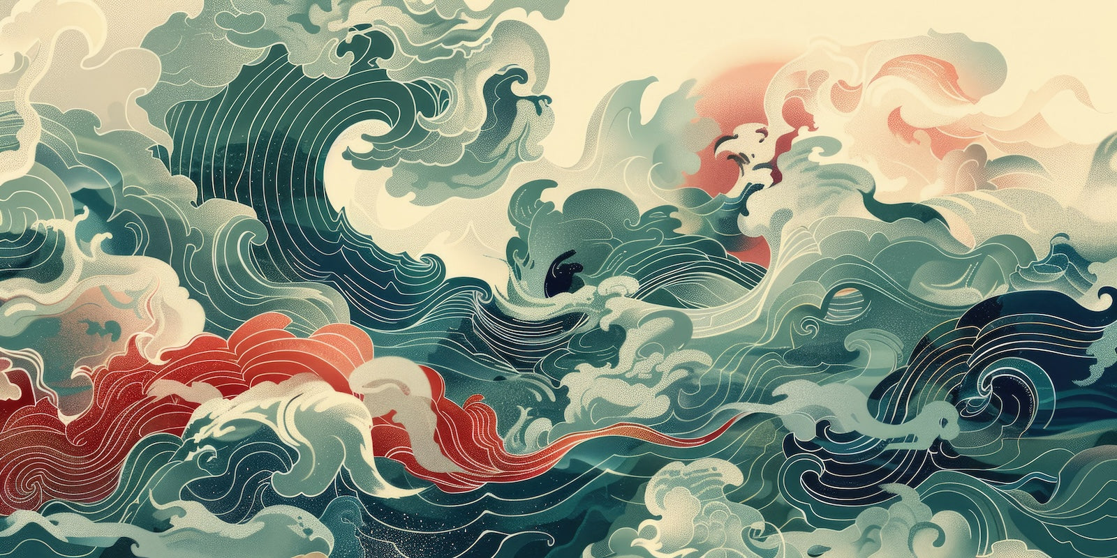 Papier Peint Abstrait - Vague Turquoise et Rouge