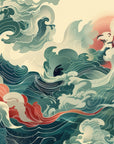 Papier Peint Abstrait - Vague Turquoise et Rouge
