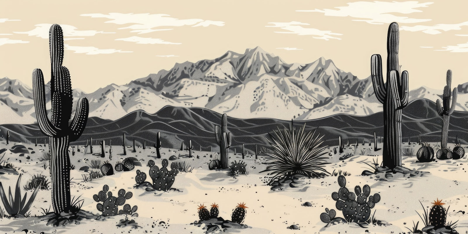 Papier Peint Désert Noir et Blanc - Cactus et Montagnes