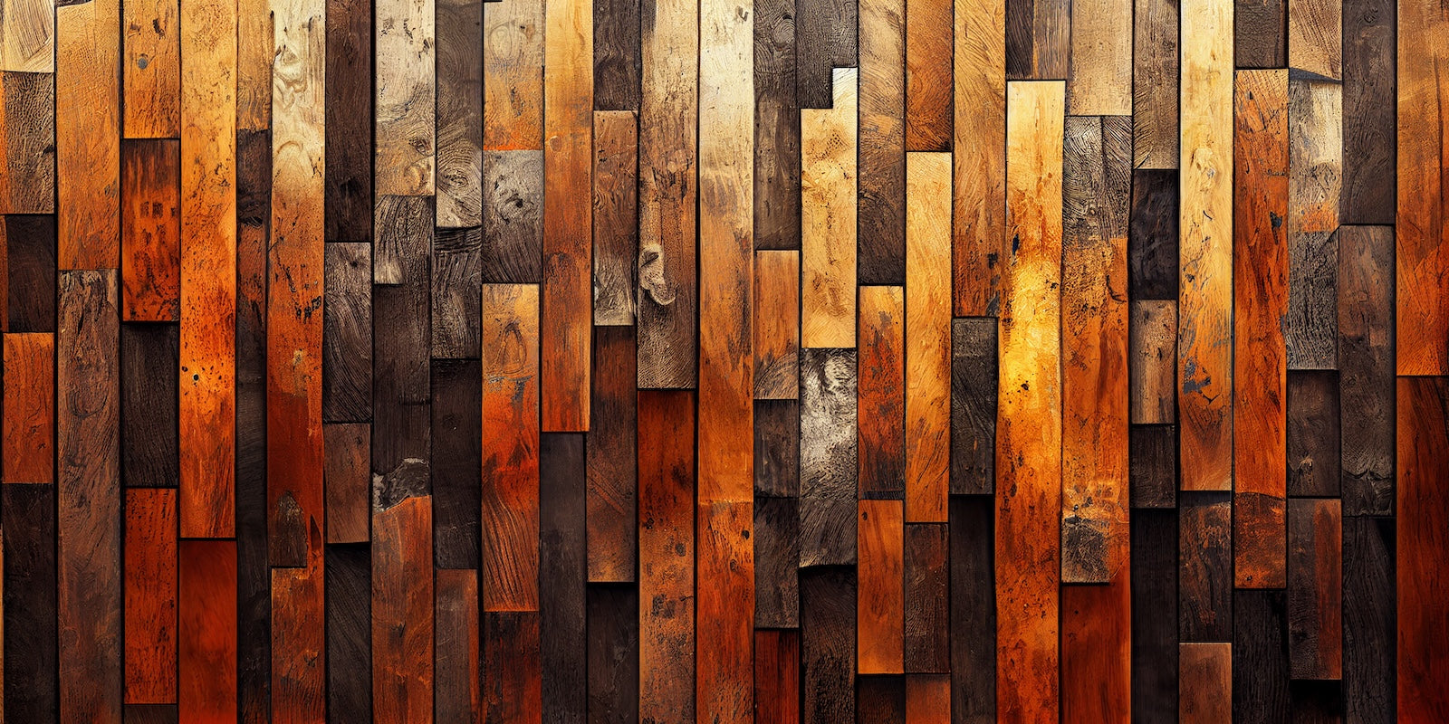 Papier Peint Bois - Planches Verticales Orange et Brun