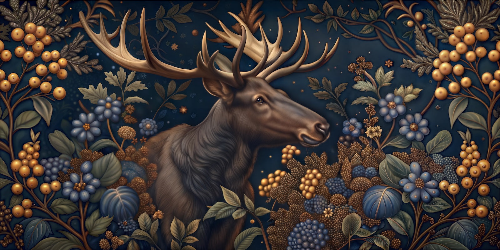 Papier Peint Animaux - Cerf sur Fond Floral Bleu Nuit