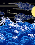 Papier Peint Japonais - Vagues et Lune Dorée