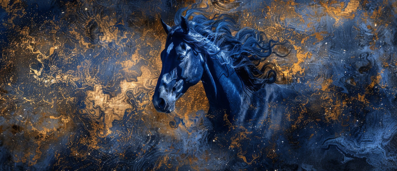 Papier Peint Animaux - Cheval Doré et Bleu Abstrait