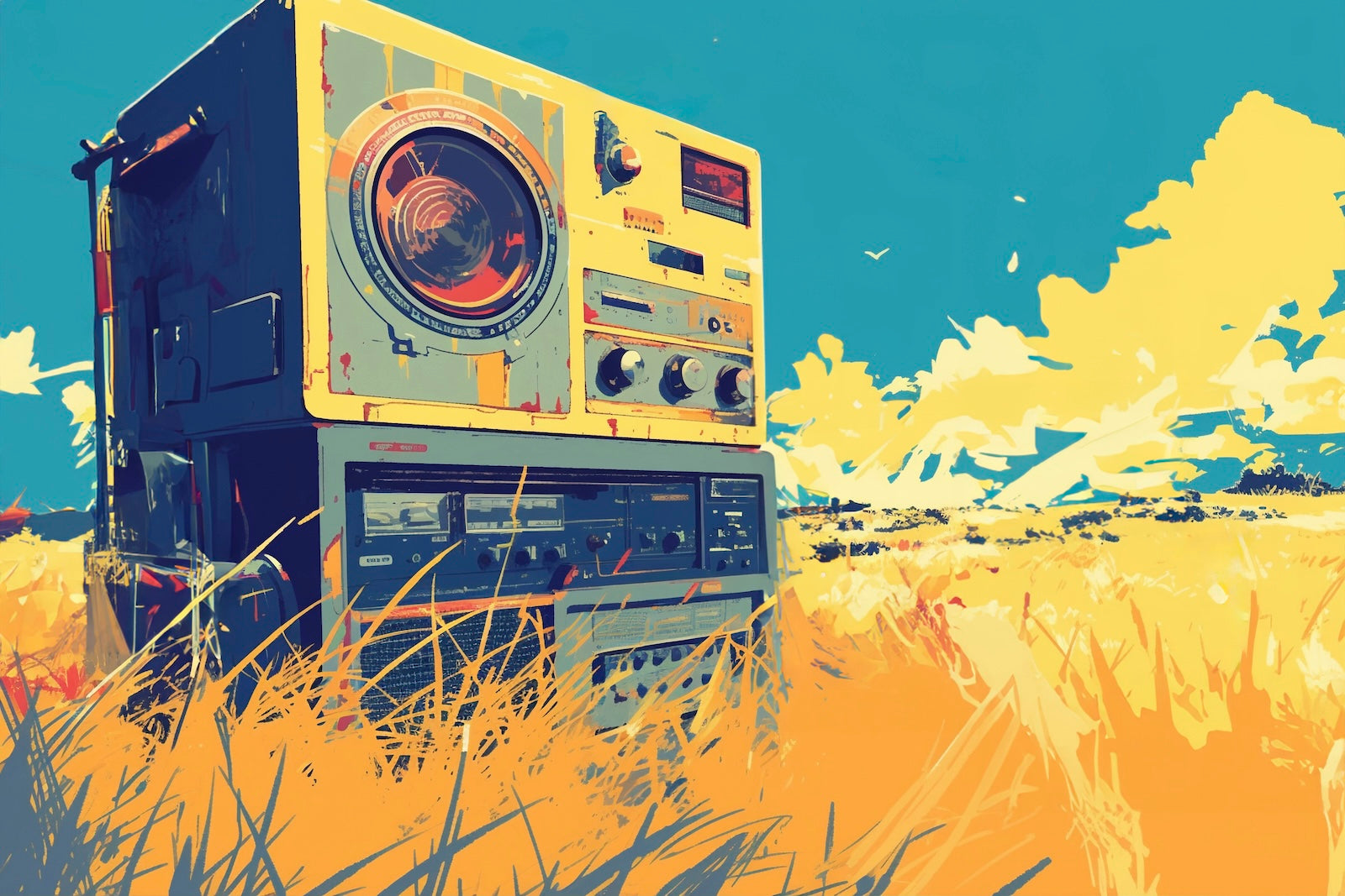 Papier Peint Rétro - Radio Cassette Jaune