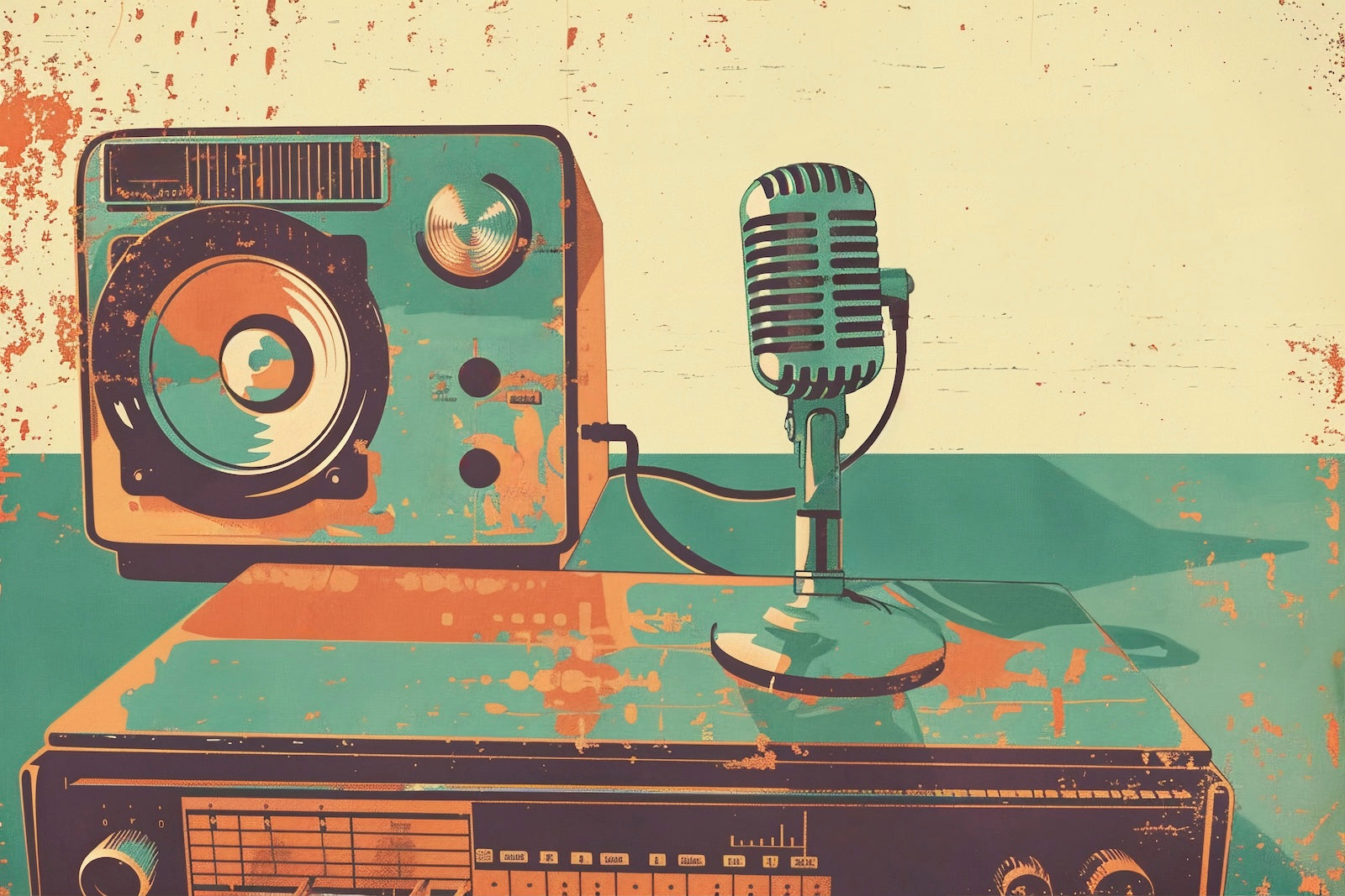 Papier Peint Rétro - Radio et Microphone Beige