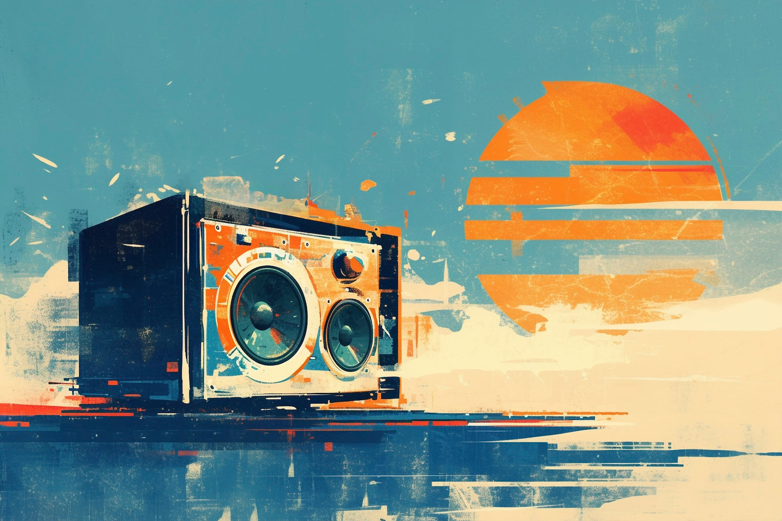 Papier Peint Rétro - Radio Cassette Coucher de Soleil