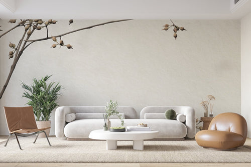 Papier Peint Floral - Branches de Cerisier Beige Minimaliste